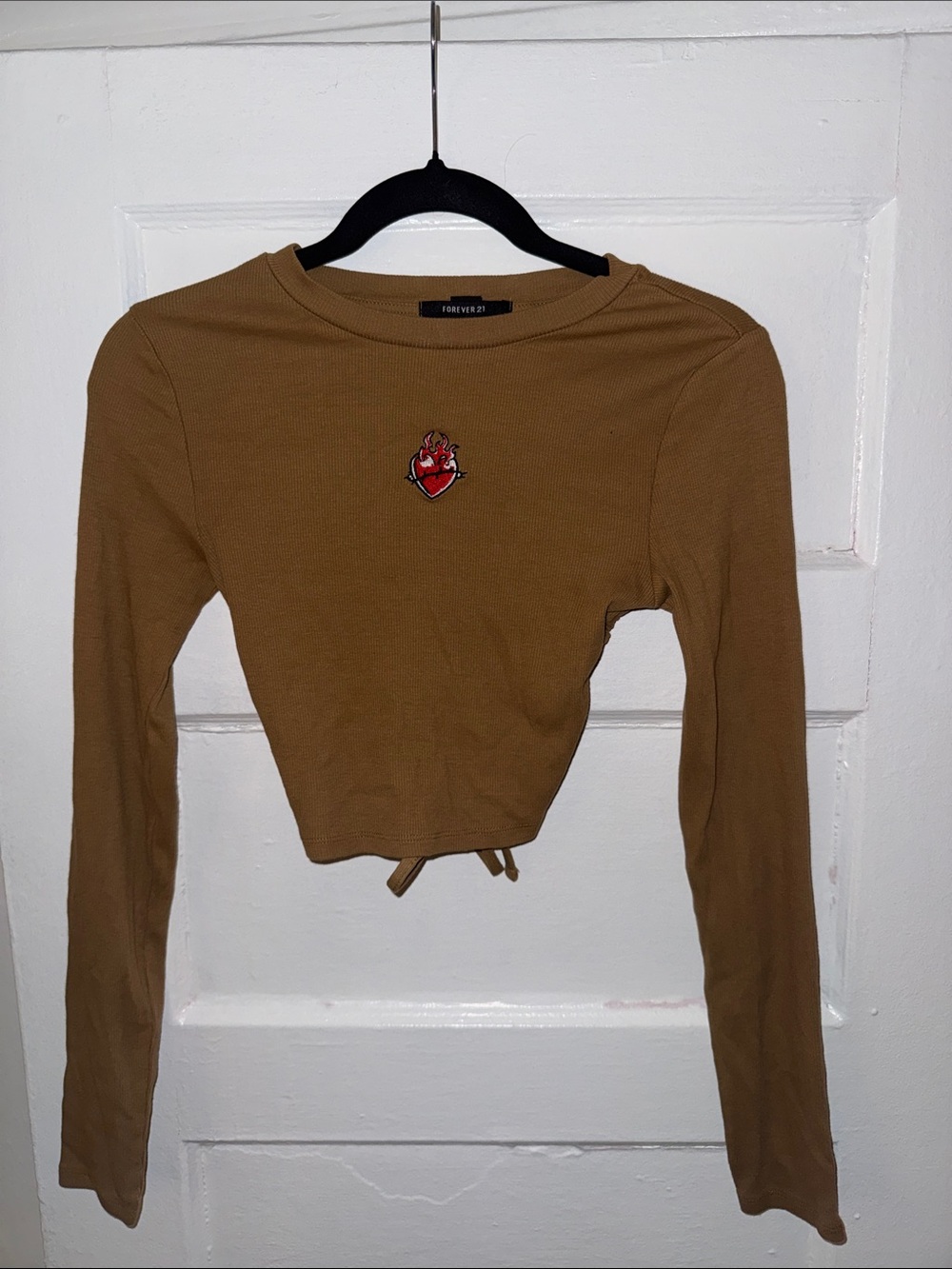 Forever 21 Cropped Long-Sleeve Top in Tan with Heart Patch